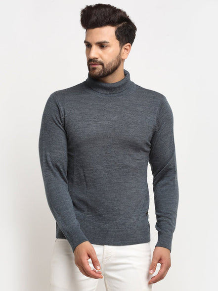 Blue Solid High Neck Sweater