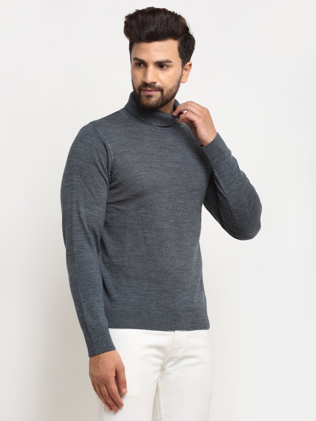 Blue Solid High Neck Sweater