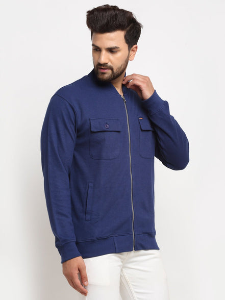 Blue Solid High Neck Sweatshirt