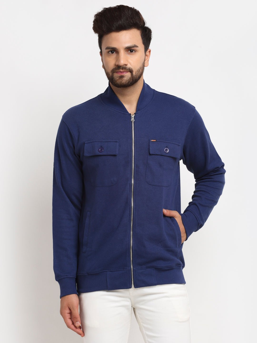 Blue Solid High Neck Sweatshirt