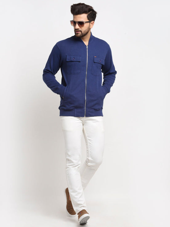 Blue Solid High Neck Sweatshirt
