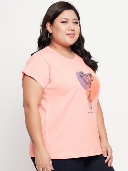 Bright Peach Printed Plus Size Tshirt