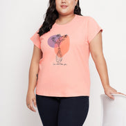 Bright Peach Printed Plus Size Tshirt