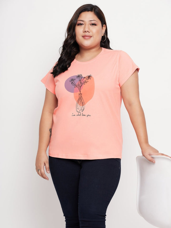 Bright Peach Printed Plus Size Tshirt