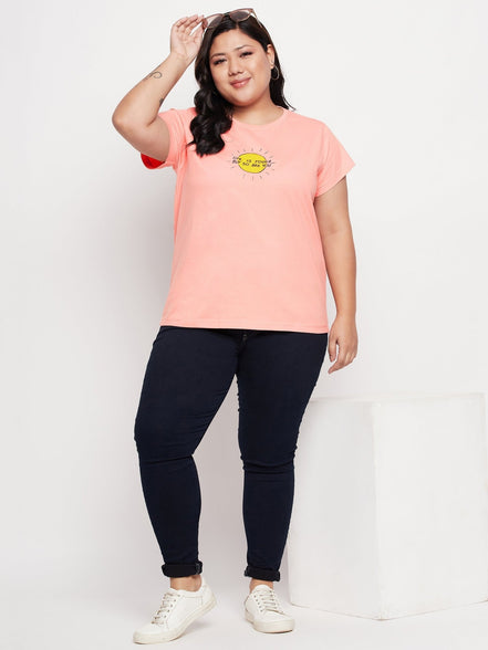 Bright Peach Printed Plus Size Tshirt