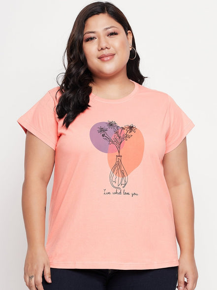 Bright Peach Printed Plus Size Tshirt