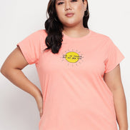 Bright Peach Printed Plus Size Tshirt