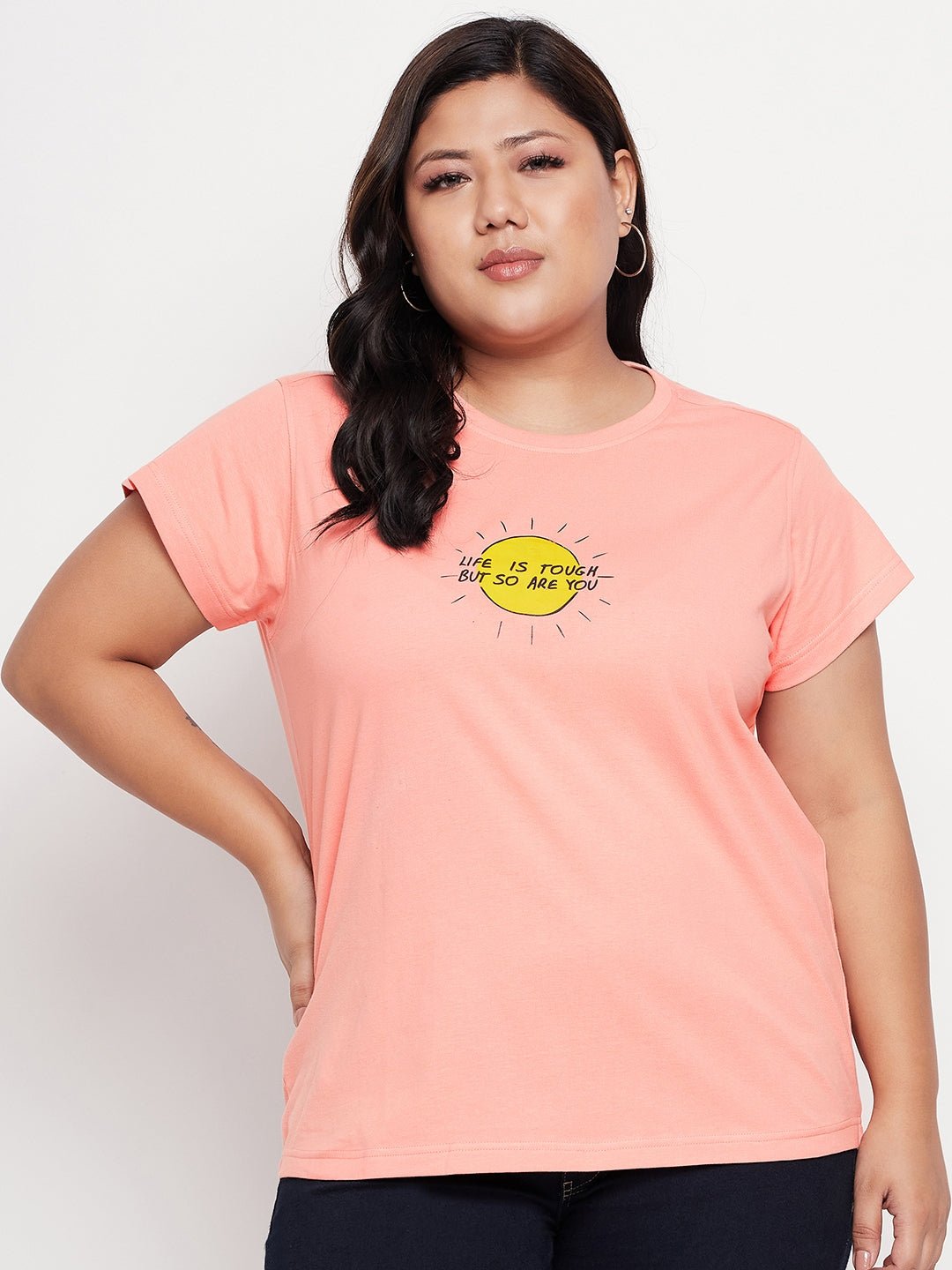 Bright Peach Printed Plus Size Tshirt