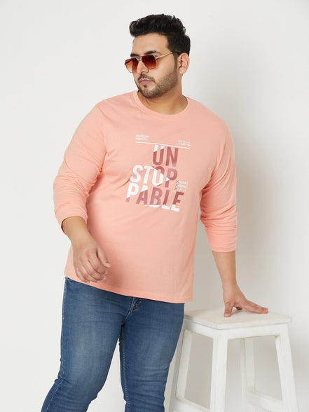 Bright Peach Printed  Round Neck Plus Size T-Shirt