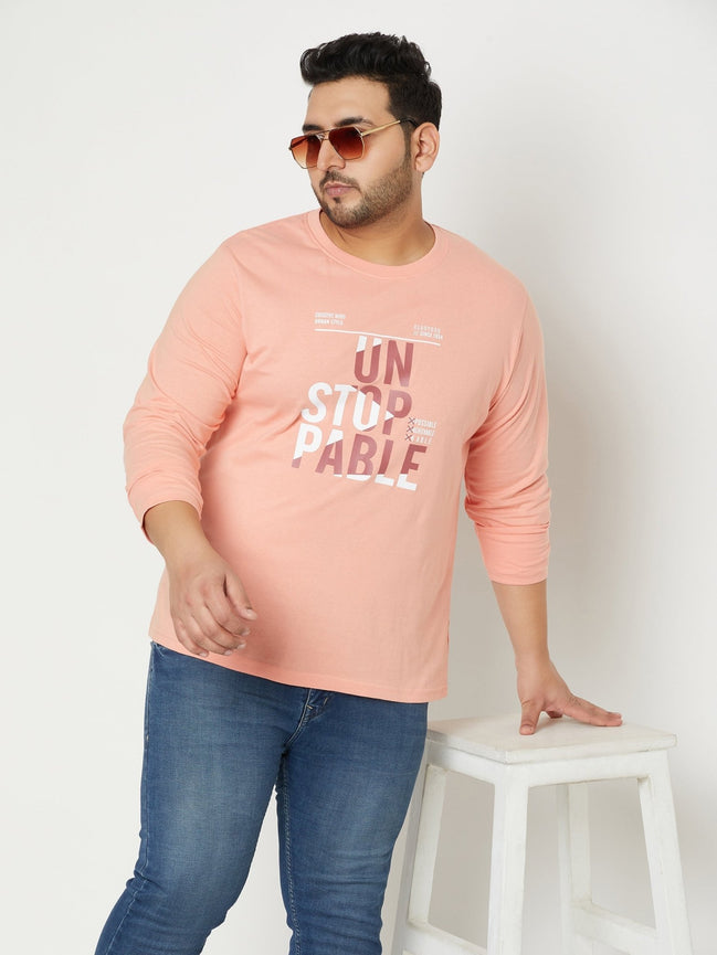 Bright Peach Printed  Round Neck Plus Size T-Shirt