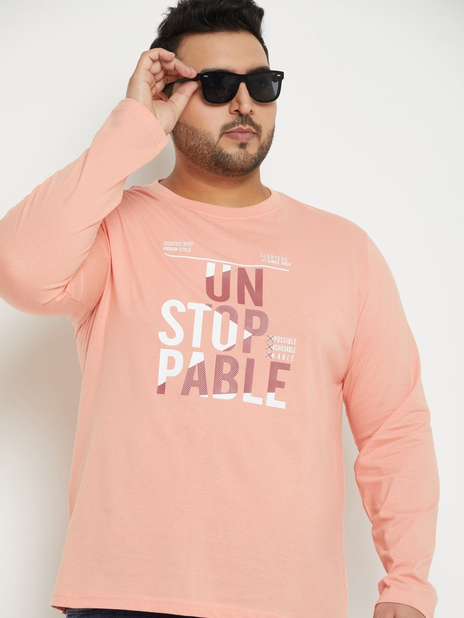 Bright Peach Printed  Round Neck Plus Size T-Shirt