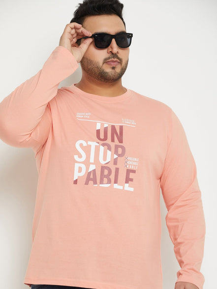Bright Peach Printed  Round Neck Plus Size T-Shirt