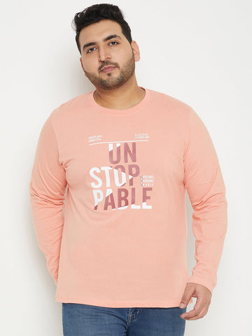 Bright Peach Printed  Round Neck Plus Size T-Shirt