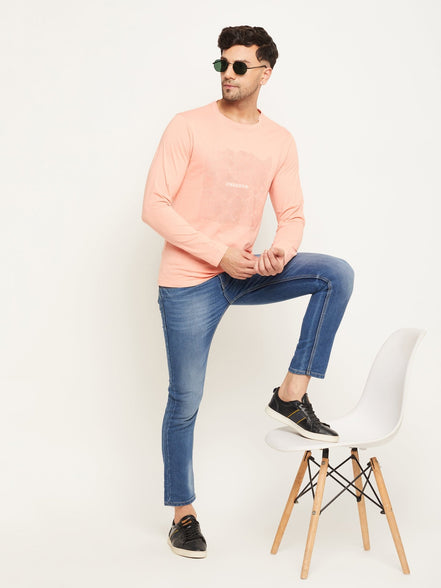 Bright Peach Printed  Round Neck T-Shirt