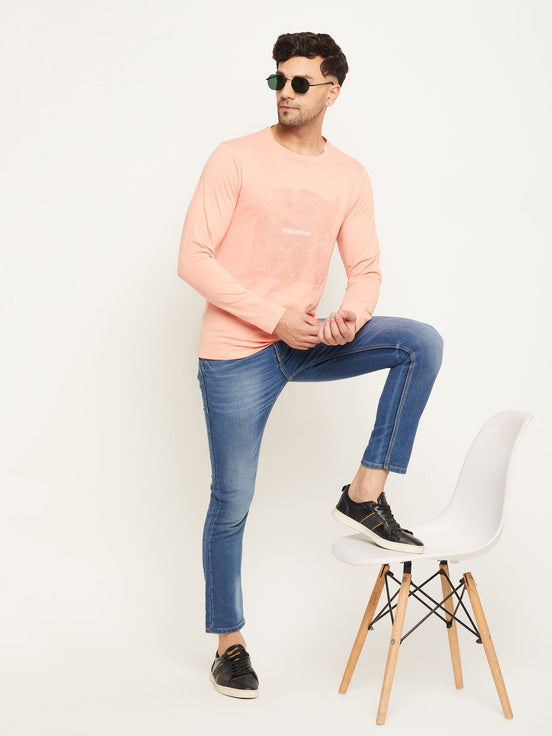 Bright Peach Printed  Round Neck T-Shirt