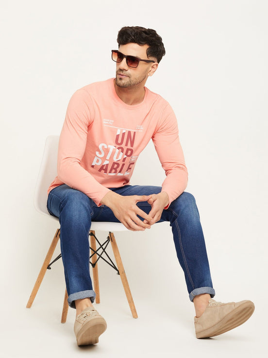 Bright Peach Printed  Round Neck T-Shirt