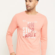 Bright Peach Printed  Round Neck T-Shirt