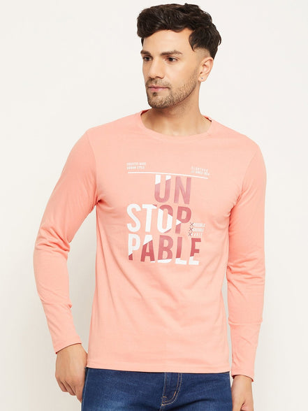 Bright Peach Printed  Round Neck T-Shirt