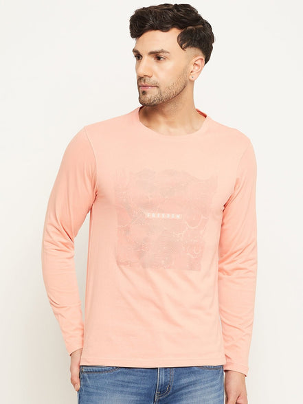 Bright Peach Printed  Round Neck T-Shirt