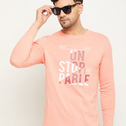 Bright Peach Printed  Round Neck T-Shirt