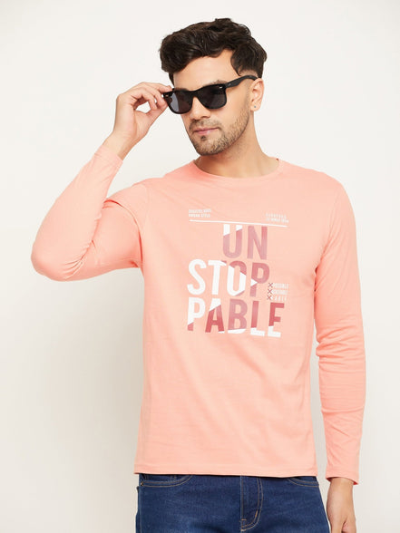 Bright Peach Printed  Round Neck T-Shirt