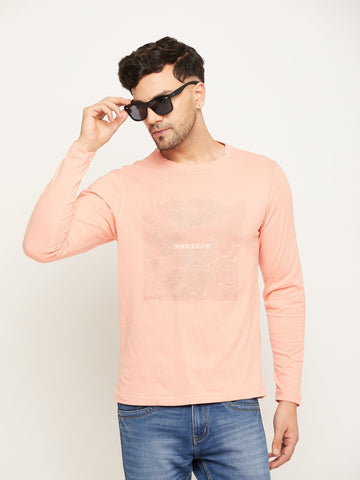 Bright Peach Printed  Round Neck T-Shirt