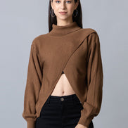 Brown  High Neck Ribbed Sweater