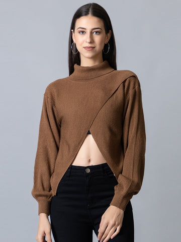 Brown  High Neck Ribbed Sweater