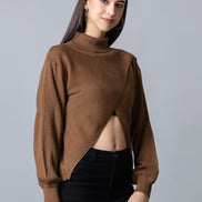 Brown  High Neck Ribbed Sweater
