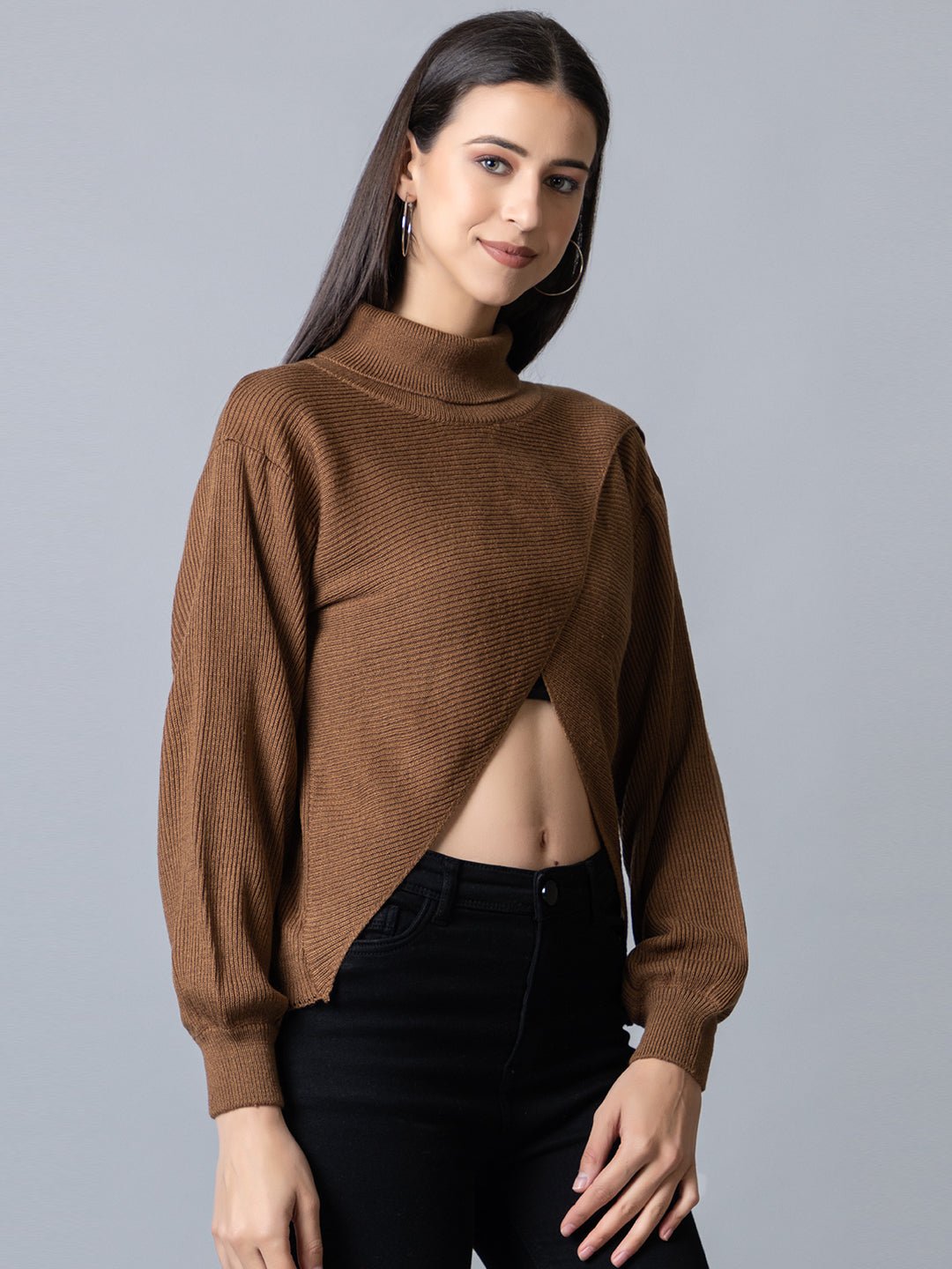 Brown  High Neck Ribbed Sweater