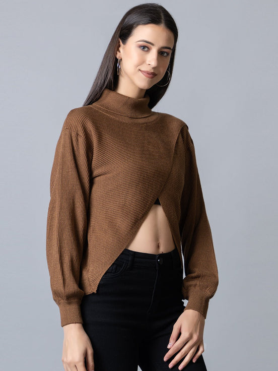 Brown  High Neck Ribbed Sweater