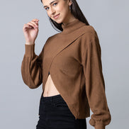 Brown  High Neck Ribbed Sweater