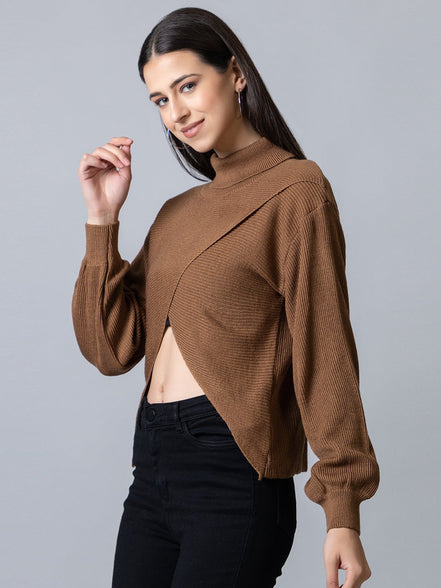 Brown  High Neck Ribbed Sweater