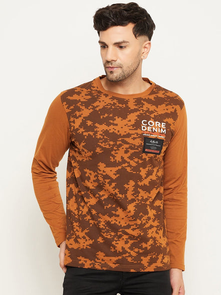 Brown Printed  Round Neck T-Shirt