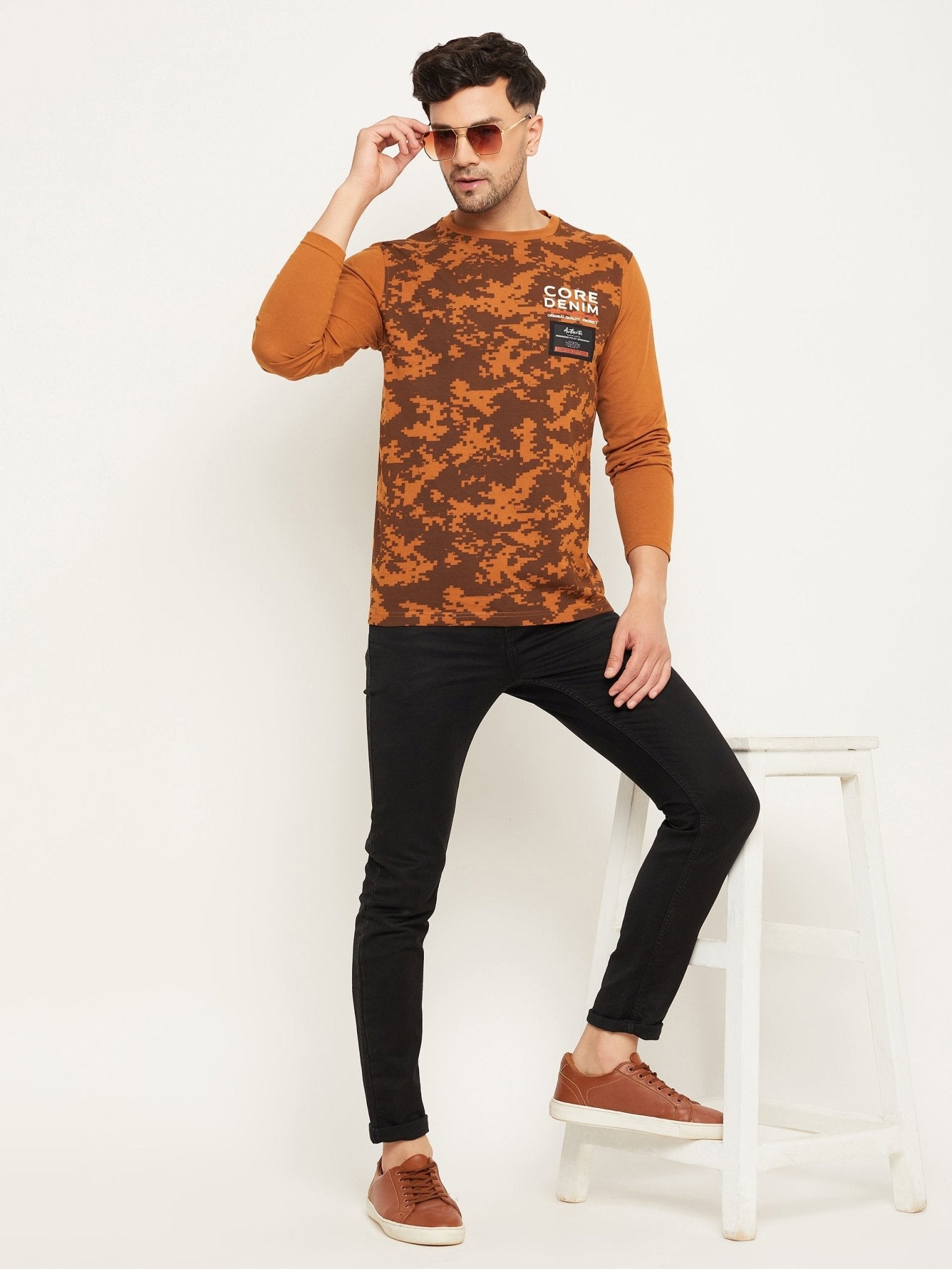 Brown Printed  Round Neck T-Shirt