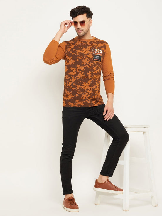Brown Printed  Round Neck T-Shirt
