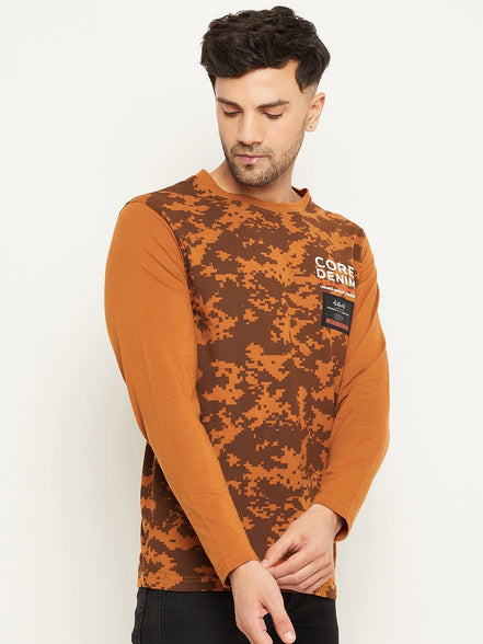 Brown Printed  Round Neck T-Shirt