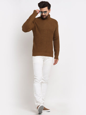 Brown Ribbed High Neck Sweater