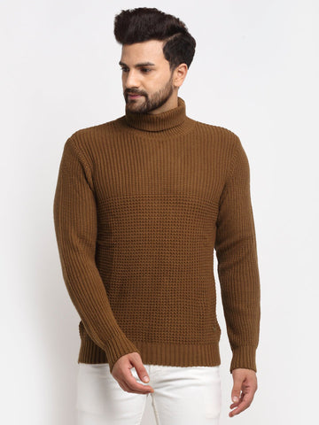Brown Ribbed High Neck Sweater