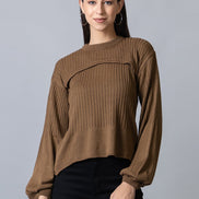 Brown  Round Neck Ribbed Sweater