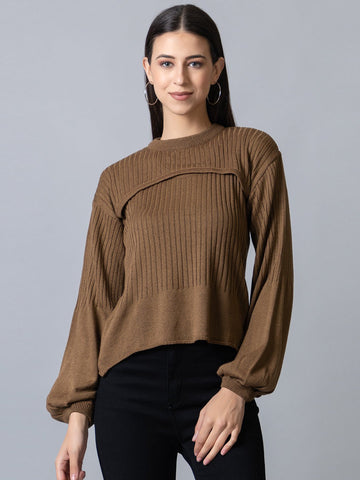 Brown  Round Neck Ribbed Sweater