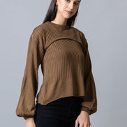 Brown  Round Neck Ribbed Sweater