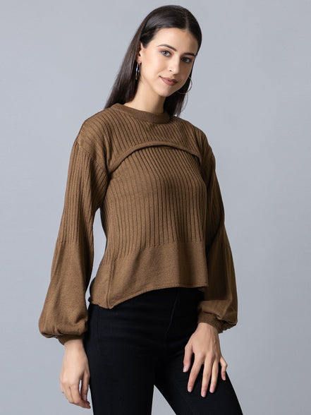 Brown  Round Neck Ribbed Sweater