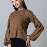 Brown  Round Neck Ribbed Sweater