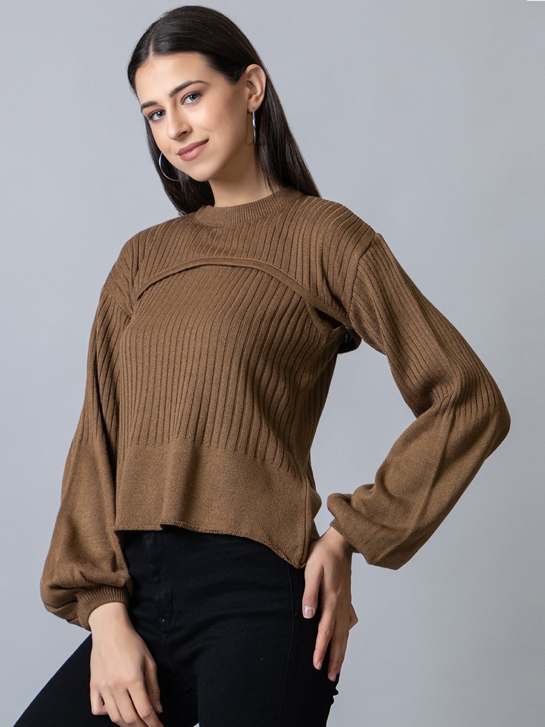 Brown  Round Neck Ribbed Sweater