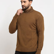 Brown Solid High Neck Sweater