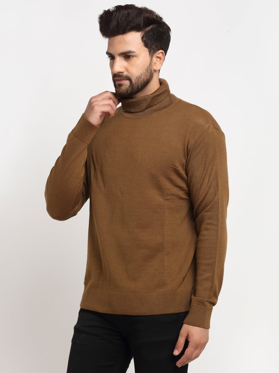 Brown Solid High Neck Sweater
