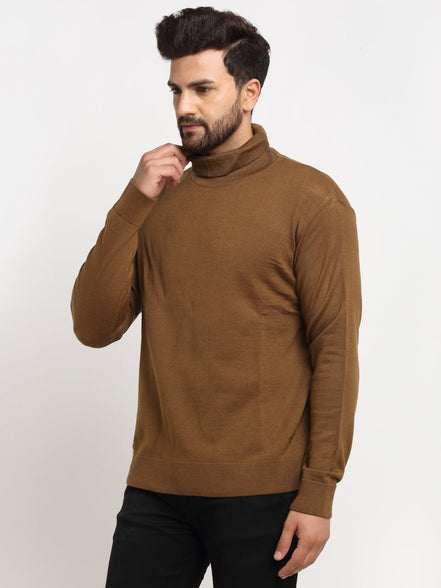 Brown Solid High Neck Sweater