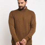 Brown Solid High Neck Sweater