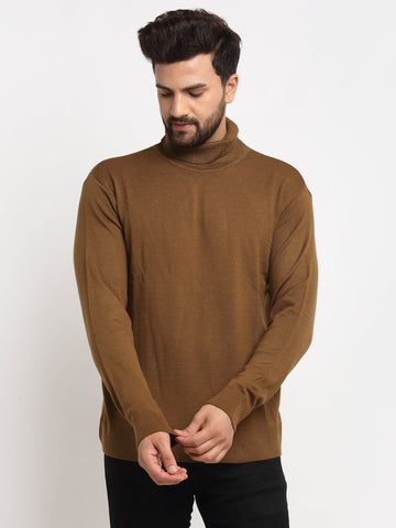 Brown Solid High Neck Sweater